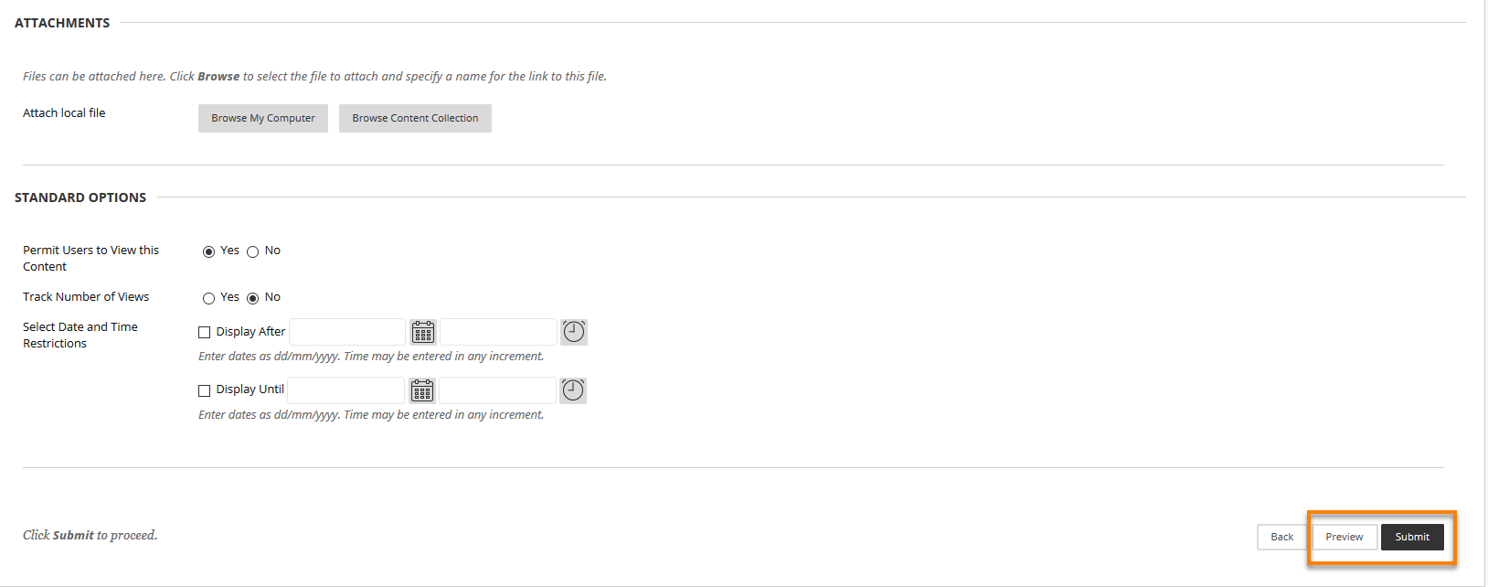 Display option and Preview and Submit Buttons