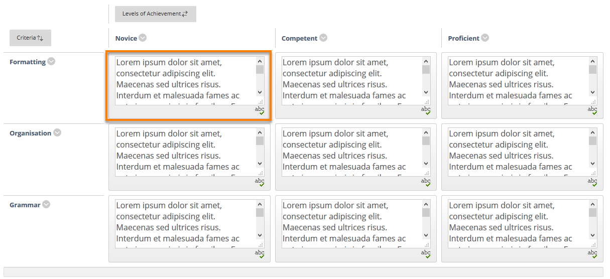 Rubric description grid. Cell highlighted