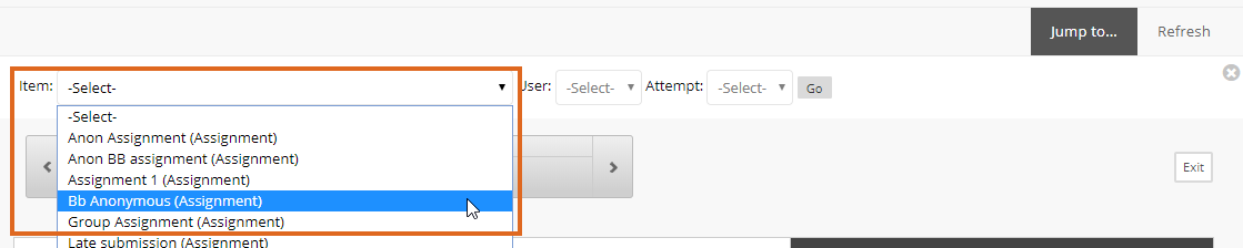 Blackboard Anonymous Marking - Jump to Attempt - select Assignment