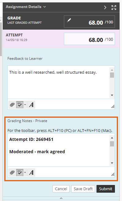 Blackboard Anonymous Marking - Named Moderation - Moderation Grading Note