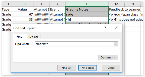 Blackboard Anonymous Marking - Named Moderation - search Excel for papers to moderate