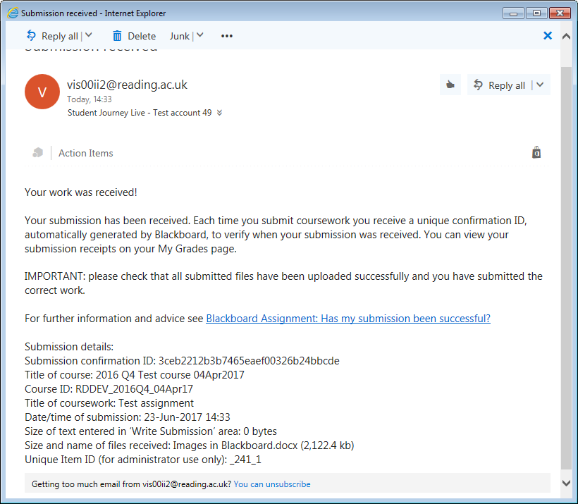Screenshot of the email receipt sent after successful submission to a Blackboard assignment