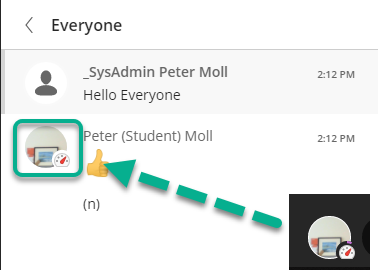 A composite screen shot showing how the user 's mood is indicated both to the user and in the chat screen for the instructor to see.