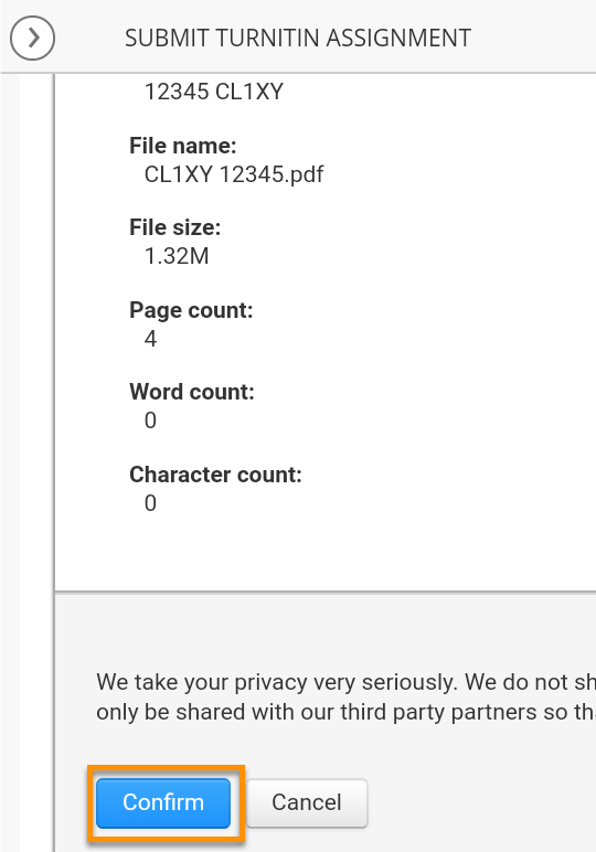 Confirm Turnitin submission - mobile browser view