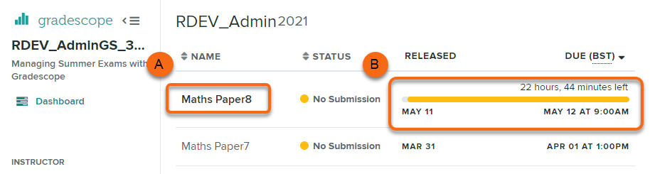 Gradescope dashboard - Highlighted areas (A) The link to the Exam paper. (B) The countdown bar for the time the Exam is available.