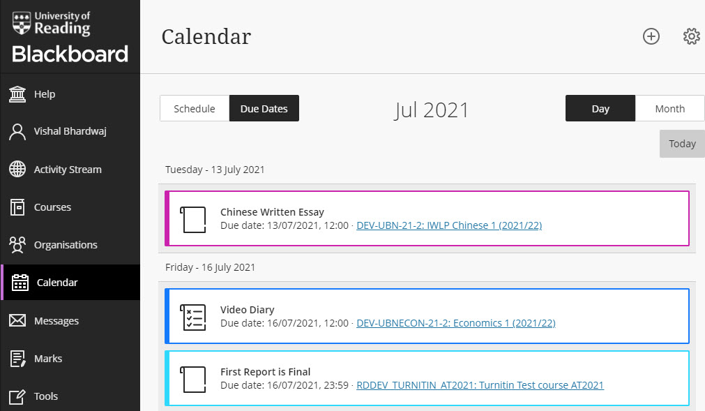 The Blackboard Due dates screen