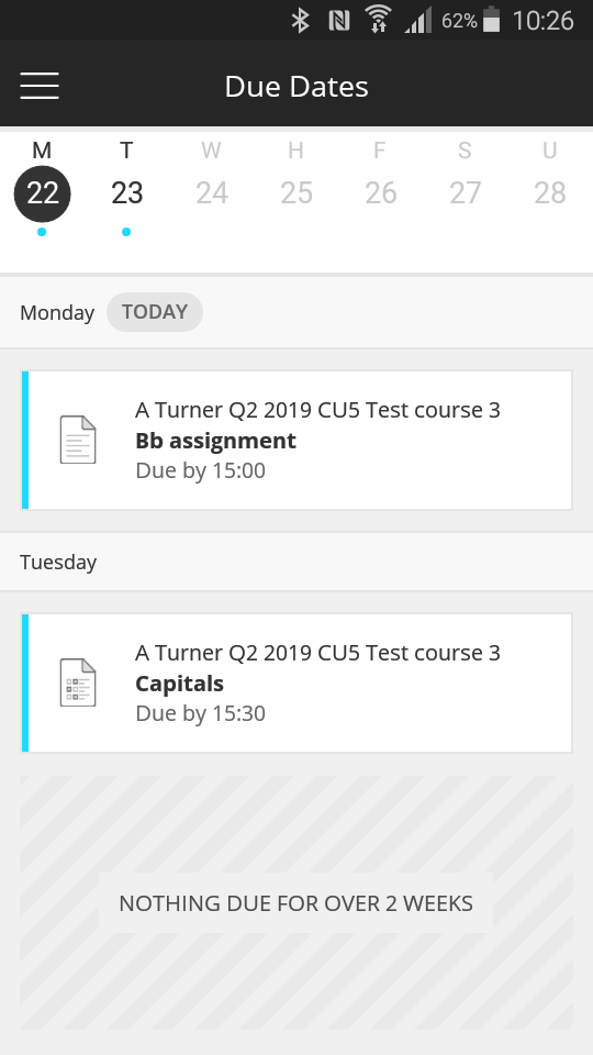 Blackboard Calendar viewed in the mobile app